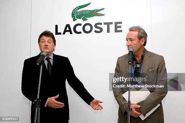 Etienne de Villiers and Lacoste CEO Christophe Chenut annouse the renewal of the partnership between the ATP and Lacoste at a press conference during...