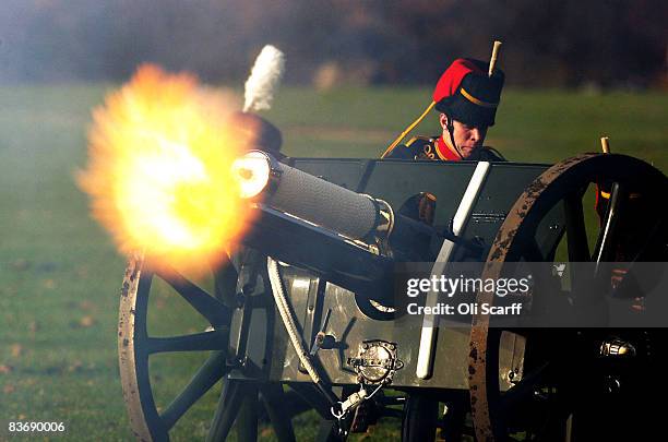 The King's Troop Royal Horse Artillery fire a 41-gun salute in Hyde Park, at noon to mark the Prince of Wales' 60th birthday on November 14 London,...