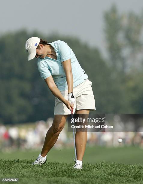 Sophie Gustafson hits from the rough in her match against Pat Hurst and Christina Kim during the Friday morning foursome matches at the Solheim Cup...