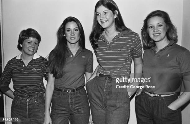 Four UCLA students model the latest in college "preppie" fashion in this 1980 West Los Angeles, California, photo.
