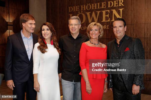 The investors Carsten Maschmeyer, Judith Williams, Frank Thelen, Dagmar Woehrl and Ralf Duemmel pose for a group picture during the photo call for...
