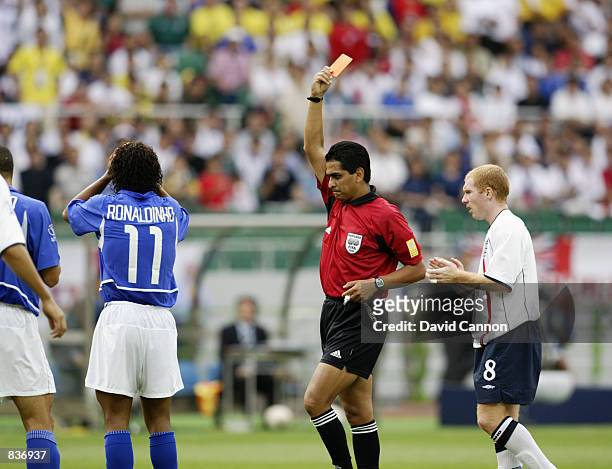 Ronaldinho of Brazil is sent off during the FIFA World Cup Finals 2002 Quarter Finals match between England and Brazil played at the Shizuoka Stadium...