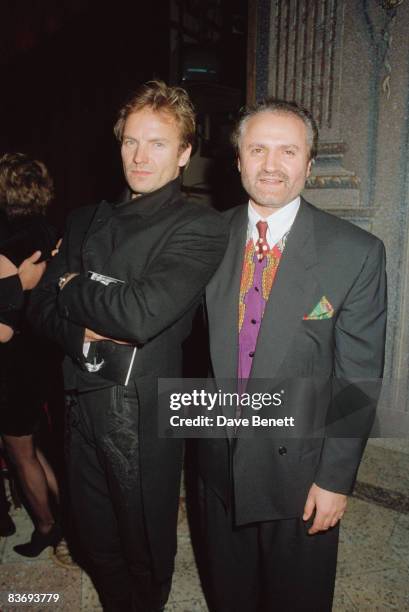 English singer Sting with fashion designer Gianni Versace , 7th January 1991.