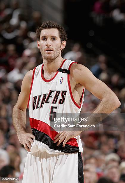 Rudy Fernandez of the Portland Trail Blazers stands on the court during the game against the Minnesota Timberwolves on November 8, 2008 at the Rose...