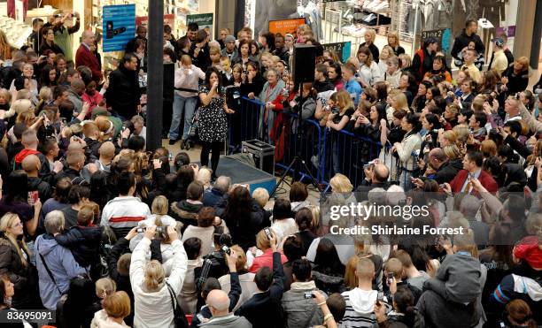 Laura White X Factor Finalist performs homecoming show for fans at Carphone Warehouse on November 14, 2008 in Bolton, England.