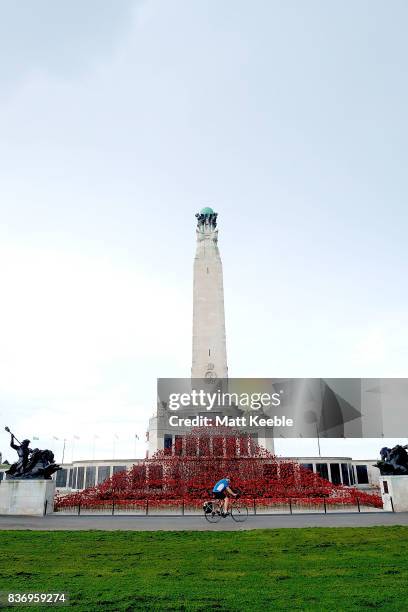 Man cycles past the poppy sculpture 'Wave' as it opens at the CWGC Naval Memorial as part of a UK wide tour organised by 14-18 NOW on August 22, 2017...