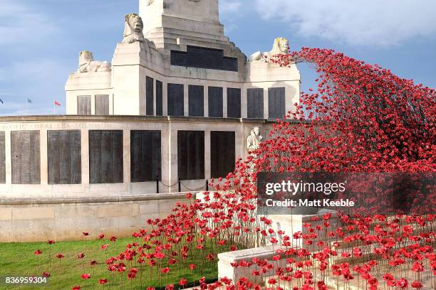 General view of the poppy sculpture 'Wave' as it opens at the CWGC Naval Memorial as part of a UK wide tour organised by 14-18 NOW on August 22, 2017...