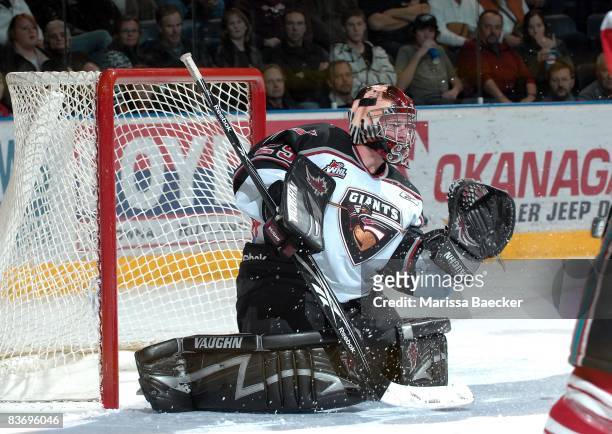 Tyson Sexsmith of the Vancouver Giants makes a save against the Kelowna Rockets on November 13, 2008 at Prospera Place in Kelowna, Canada. Sexsmith...