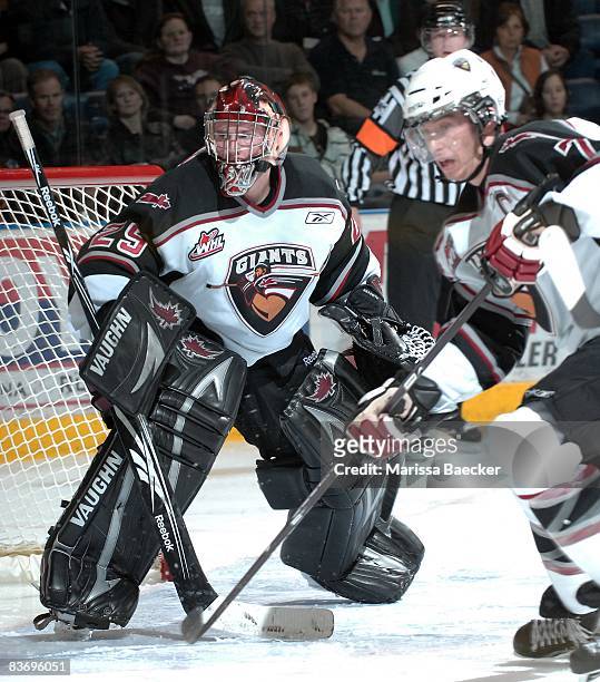 Tyson Sexsmith of the Vancouver Giants makes a save against the Kelowna Rockets on November 13, 2008 at Prospera Place in Kelowna, Canada. Sexsmith...
