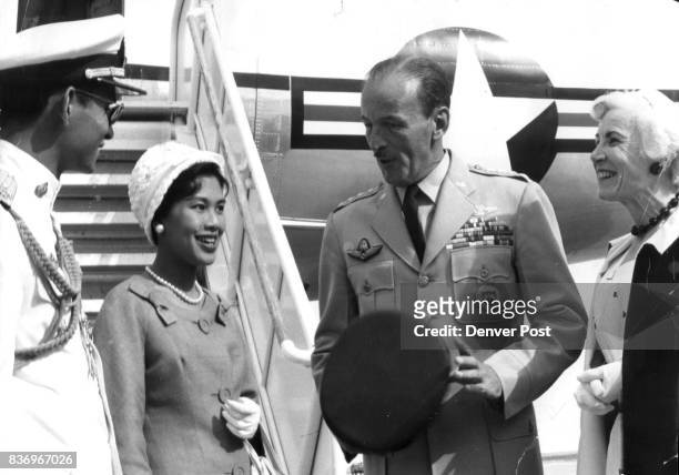 King and Queen of Thailand Arrive in Colorado Springs Gen. Laurence S. Kuter, commander of the North American Defense Command, and his wife greet...