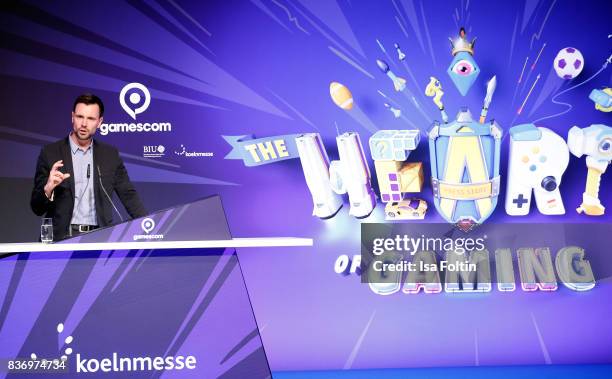 Felix Falk, managing director of the German Trade Association of Interactive Entertainment Software , speaks during the opening of the Gamescom 2017...