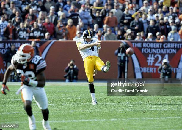 Pittsburgh Steelers punter Josh Miller kicks the football away during the Steelers 23-20 victory over the Cleveland Browns on November 3, 2002 at...