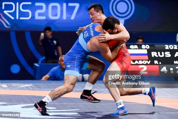 Vlaslov of Russia and E Mursaliyev of Kazakhstan during the Men's 80 Kg Greco-Roman competition during the Paris 2017 World Championships at...