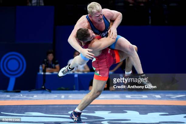 Szabo of Hungary and C Haight of USA during the Men's 80 Kg Greco-Roman competition during the Paris 2017 World Championships at AccorHotels Arena on...