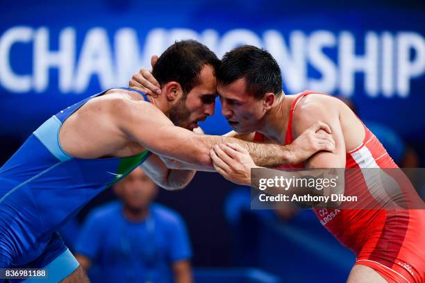 Vlaslov of Russia and E Mursaliyev of Kazakhstan during the Men's 80 Kg Greco-Roman competition during the Paris 2017 World Championships at...