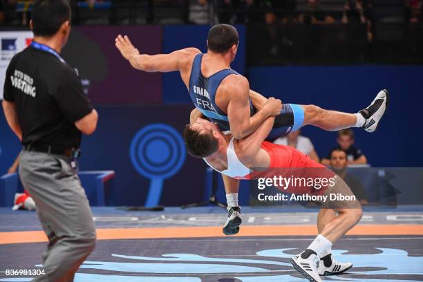 Wagner of Austria and A Gharbi of France during the Men's 80 Kg Greco-Roman competition during the Paris 2017 World Championships at AccorHotels...
