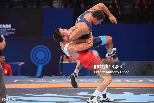 Wagner of Austria and A Gharbi of France during the Men's 80 Kg Greco-Roman competition during the Paris 2017 World Championships at AccorHotels...