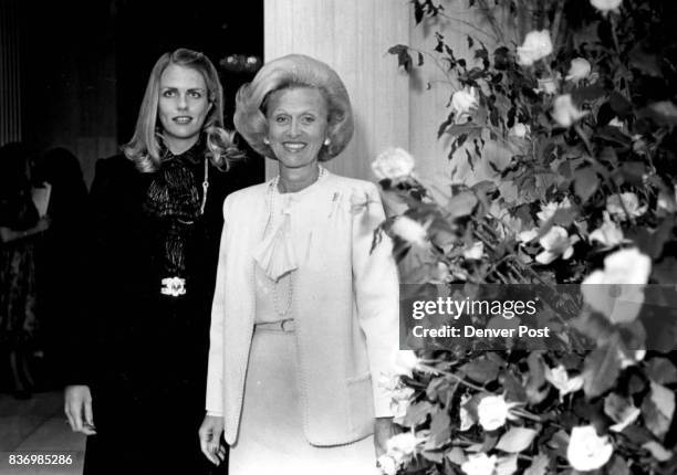 Mrs. Nebil Zarif, left, and her mother, Mrs. Marvin Davis, greet partygoers at the luncheon Credit: Denver Post