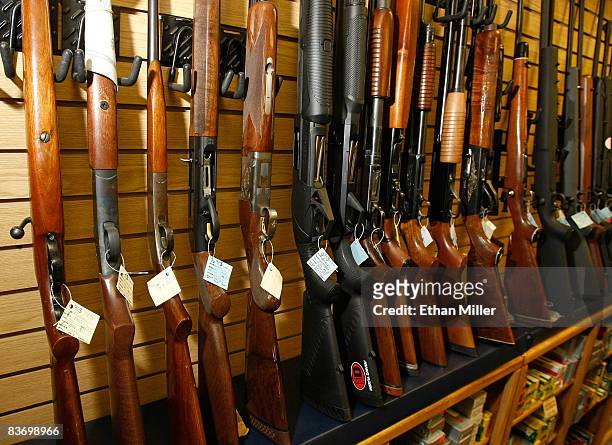 Guns for sale are displayed at The Gun Store November 14, 2008 in Las Vegas, Nevada. Store manager Cliff Wilson said he's seen a large spike in sales...