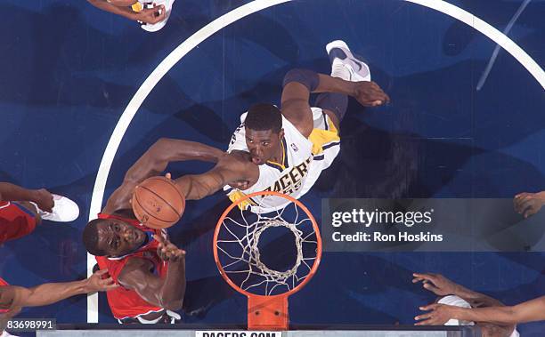 Roy Hibbert of the Indiana Pacers battles Elton Brand of the Philadelphia 76ers at Conseco Fieldhouse on November 14, 2008 in Indianapolis, Indiana....