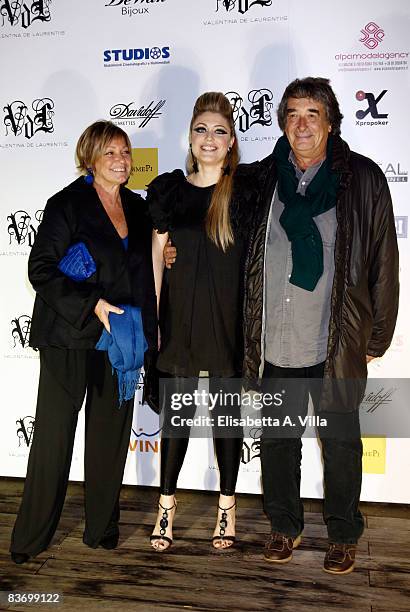 Designer Valentina De Laurentiis poses with director Neri Parenti and his wife before Valentina De Laurentis Spring / Summer 2009 new collection on...