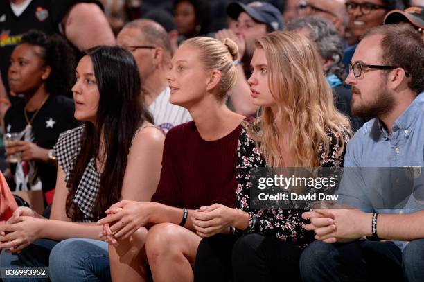 Models, Patricia Van Der Vliet and Chelsey Weimar attend the WNBA game between the Minnesota Lynx and the New York Liberty on August 20, 2017 at the...