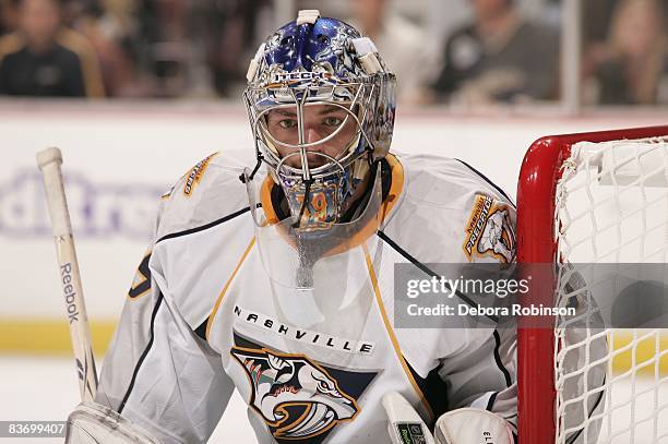 Dan Ellis of the Nashville Predators defends in the crease against the Anaheim Ducks during the game on November 14, 2008 at Honda Center in Anaheim,...