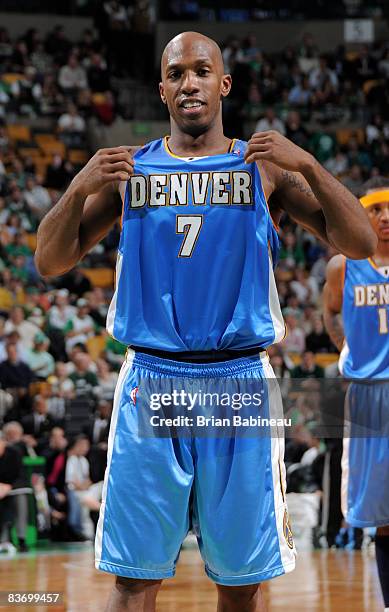 Chauncey Billups of the Denver Nuggets goes to the foul line in a game against the Boston Celtics on November 14, 2008 at the TD Banknorth Garden in...