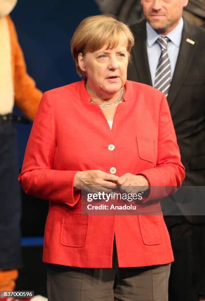 German Chancellor Angela Merkel arrives for the opening of the Gamescom 2017 video gaming trade fair on August 22, 2017 in Cologne, Germany.