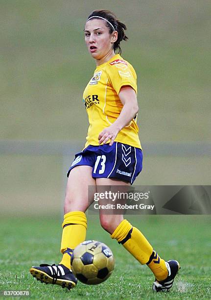 Trudy Camilleri of the Mariners kicks the ball during the round four W-League match between the Central Coast Mariners and the Queensland Roar at...