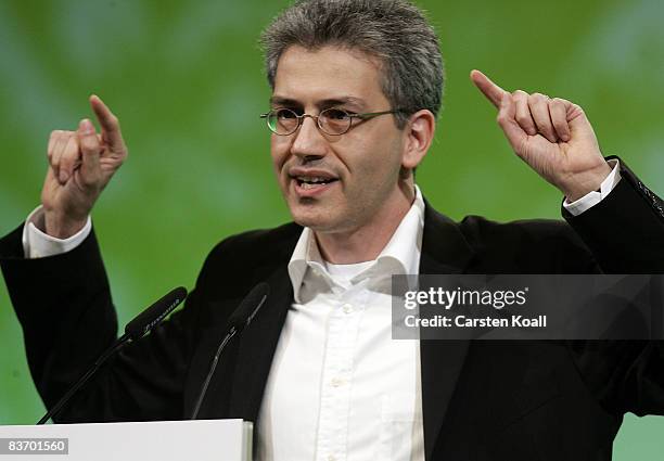 Tarek Al-Wazir, leader of the German Greens Party in the German state of Hesse, speaks at the Greens Party annual national congress on November 15,...