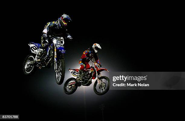 Jay Marmont and Nathan Crawford compete during round five of the Super X Australasian Supercross Championship at WIN Stadium on November 15, 2008 in...