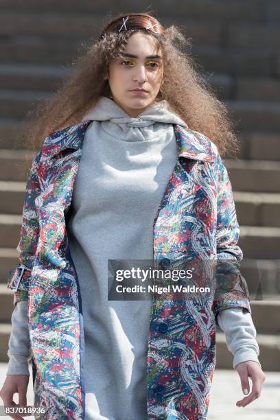 Model walks the runway at the IBEN show during the Fashion Week Oslo Spring/Summer 2018 at the Deichmanske Bibliotek on August 22, 2017 in Oslo,...