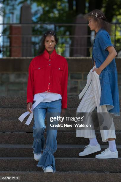 Model walks the runway at the IBEN show during the Fashion Week Oslo Spring/Summer 2018 at the Deichmanske Bibliotek on August 22, 2017 in Oslo,...
