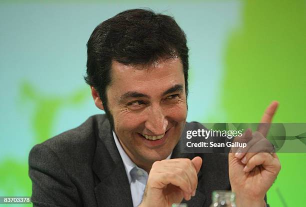 Cem Oezdemir, German Greens Party European Parliament deputy, smiles after being elected new Chairman of the Greens at the annual party congress on...