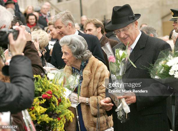 Queen Fabiola and King Albert II of Belgium leave St Michael's Cathedral after attending a mass for Kings Day on November 15, 2008 in Brussels,...