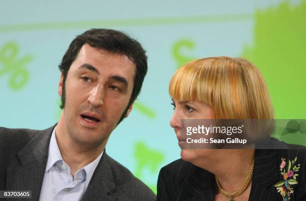 Cem Oezdemir, German Greens Party European Parliament deputy,and Greens Party Chairwoman Claudia Roth sit down after his election as party Chairman...