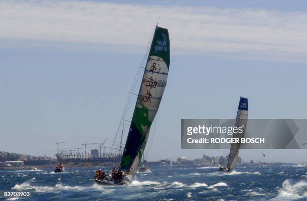 Yachts contesting the 2008/9 Ocean Race, sail a triangle around Table Bay, Cape town, on November 15 before setting off on the second leg, of 4450...