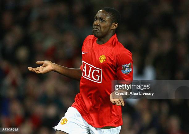 Danny Welbeck of Manchester United celebrates scoring his team's fourth goal during the Barclays Premier League match between Manchester United and...