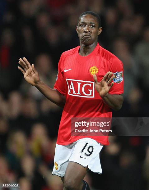 Danny Welbeck of Manchester United celebrates scoring their fourth goal during the Barclays Premier League match between Manchester United and Stoke...