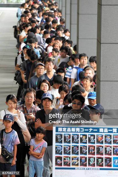 Line of more than 300 people forms two hours before the opening of Gundam Base Tokyo on August 19, 2017 in Tokyo, Japan. Gundam mania swooped into...