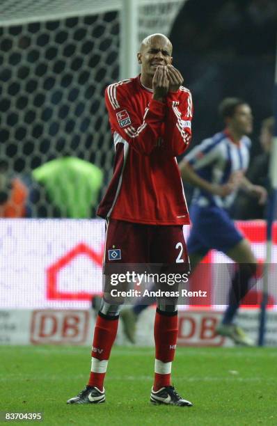 Alex Silva of Hamburg reacts during the Bundesliga match between Hertha BSC Berlin and Hamburger SV at the Olympic stadium on November 15, 2008 in...