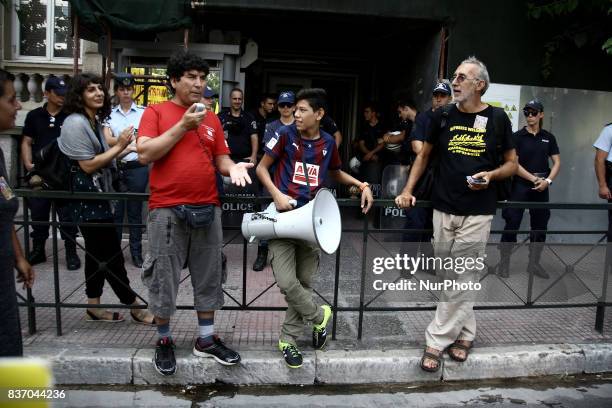 Afghan refugees protest against the Europe-Turkey agreement in Athens on Tuesday, August 22, 2017. Families of Afghans protest outside the European...