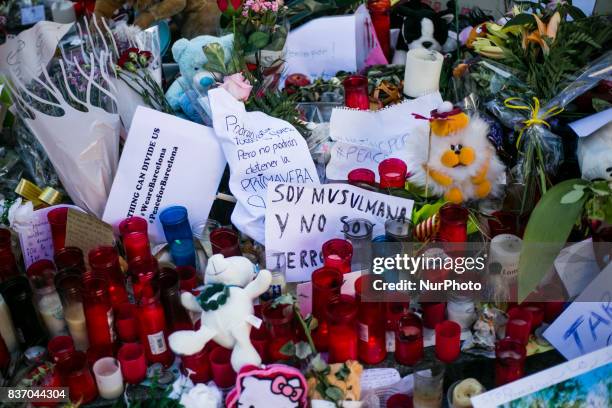 People display flowers, candles, balloons and many objects to pay tribute to the victims of the Barcelona and Cambrils attacks on the Rambla...