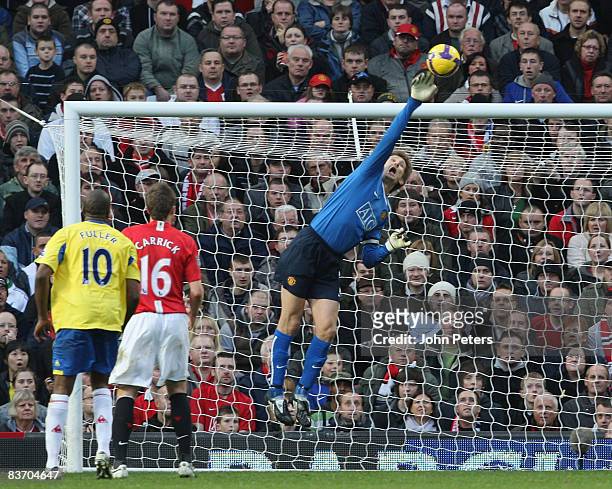 Edwin van der Sar of Manchester United makes a save during the Barclays Premier League match between Manchester United and Stoke City at Old Trafford...