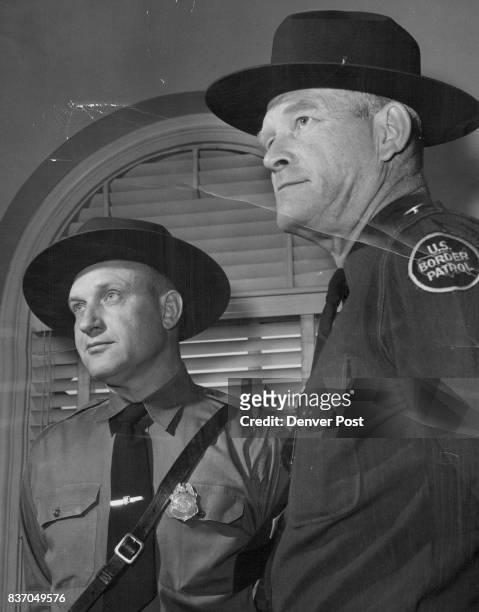 In Denver to recruit men for 'hazardous' jobs with the U. S. Border patrol are John P. Longan and Owen S. Juvrud both senior patrol inspectors...