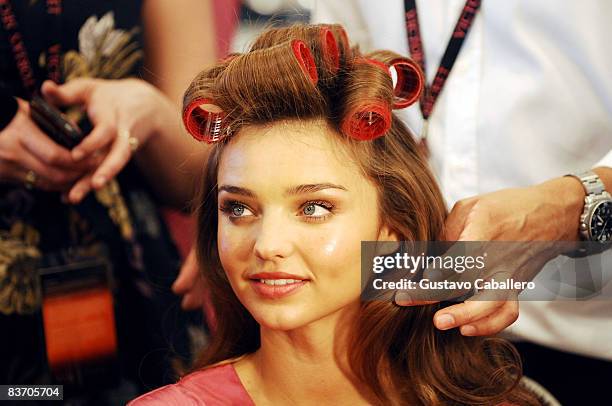 Victoria's Secret Angel Miranda Kerr prepares backstage at the 2008 Victoria's Secret Fashion Show at the Fontainebleau on November 15, 2008 in Miami...