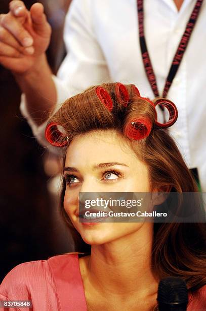 Victoria's Secret Angel Miranda Kerr prepares backstage at the 2008 Victoria's Secret Fashion Show at the Fontainebleau on November 15, 2008 in Miami...