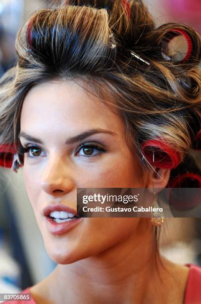 Victoria's Secret Angel Alessandra Ambrosio prepares backstage at the 2008 Victoria's Secret Fashion Show at the Fontainebleau on November 15, 2008...