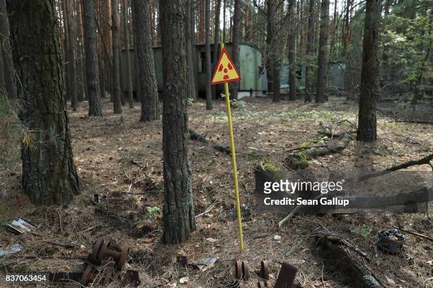 Sign warning of a high level of radiation contamination stands among trees in the ghost town of Pripyat not far from the Chernobyl nuclear power...